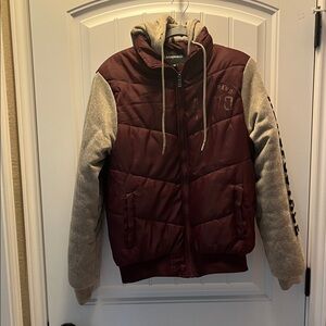 Aeropostale Burgundy and Tan Varsity Sweat Jacket